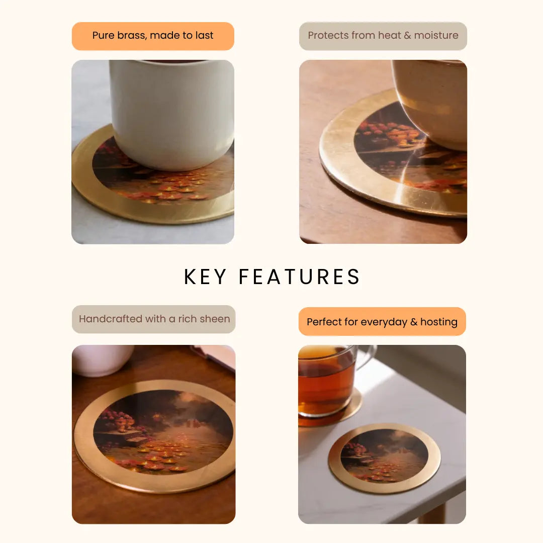 Pure Brass Coasters – Coastal Reverie Art Print (Set of 4) | Luxury Drink Coasters for Home, Bar & Table Décor The confetti tree