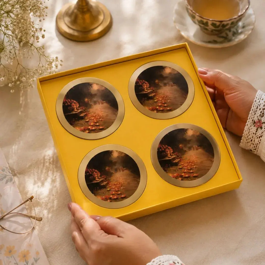 Pure Brass Coasters – Coastal Reverie Art Print (Set of 4) | Luxury Drink Coasters for Home, Bar & Table Décor The confetti tree