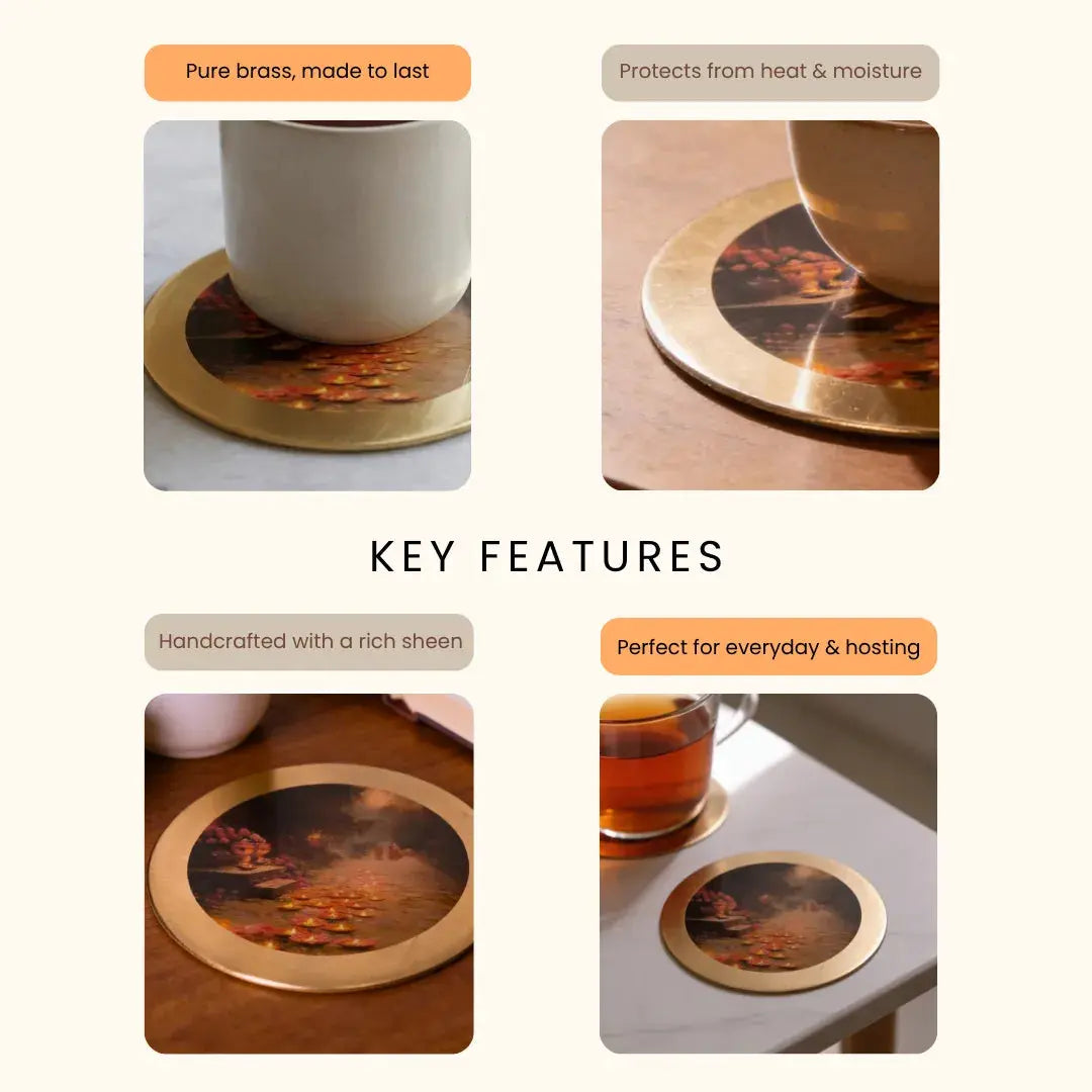Pure Brass Coasters – Coastal Reverie Art Print (Set of 4) | Luxury Drink Coasters for Home, Bar & Table Décor The confetti tree