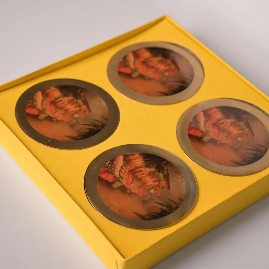 Pure Brass Coasters – Coastal Reverie Flower Market Art Print (Set of 4) | Luxury Table Coasters for Home, Dining & Gifting The confetti tree