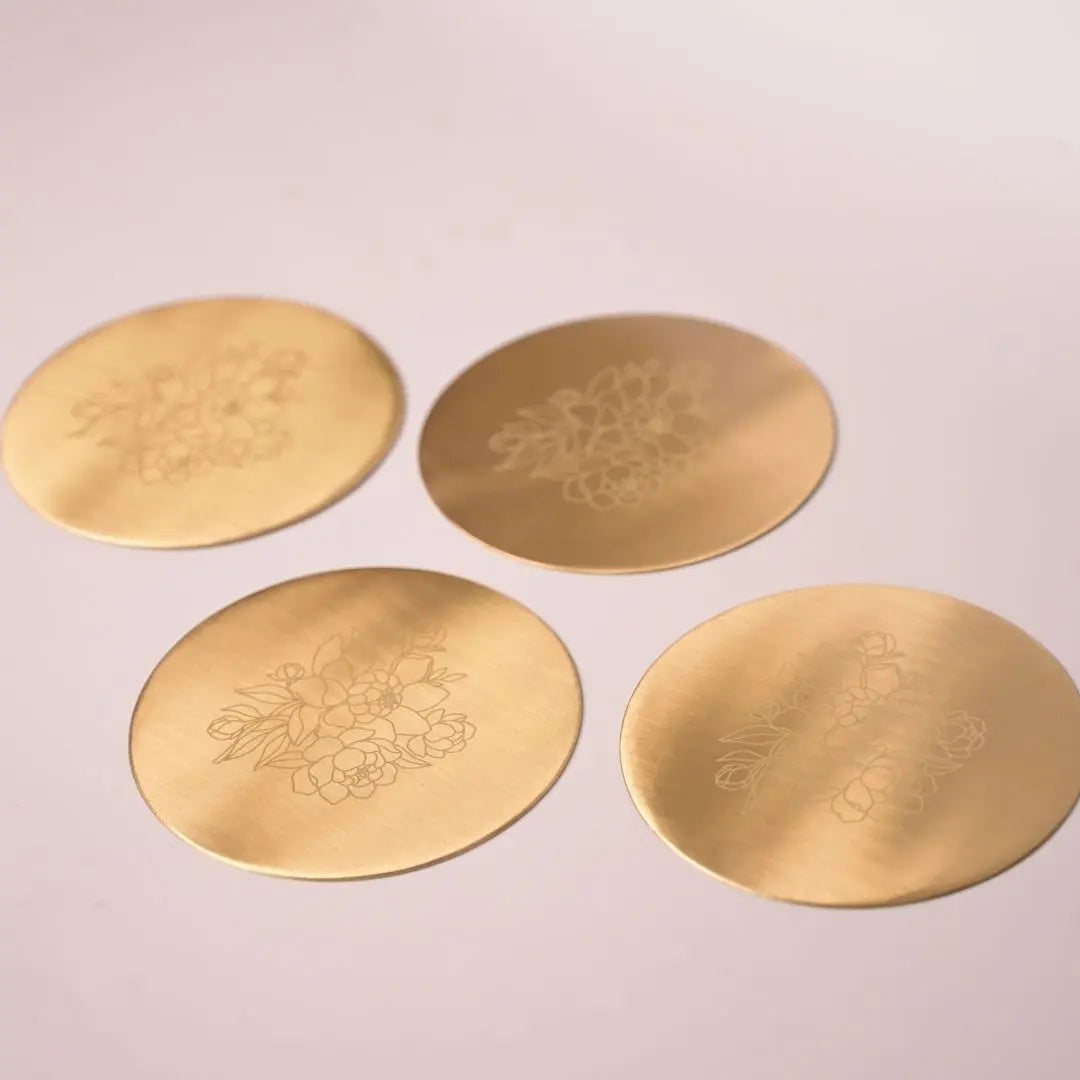 Pure Brass Coasters – Laser-Etched Peony Flower Design (Set of 4) | Luxury Drink Coasters for Home, Dining & Gifting The confetti tree