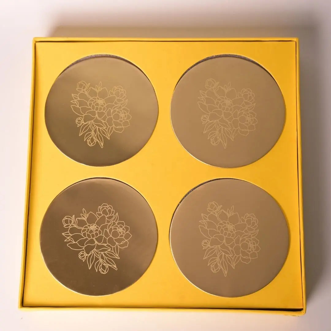 Pure Brass Coasters – Laser-Etched Peony Flower Design (Set of 4) | Luxury Drink Coasters for Home, Dining & Gifting The confetti tree