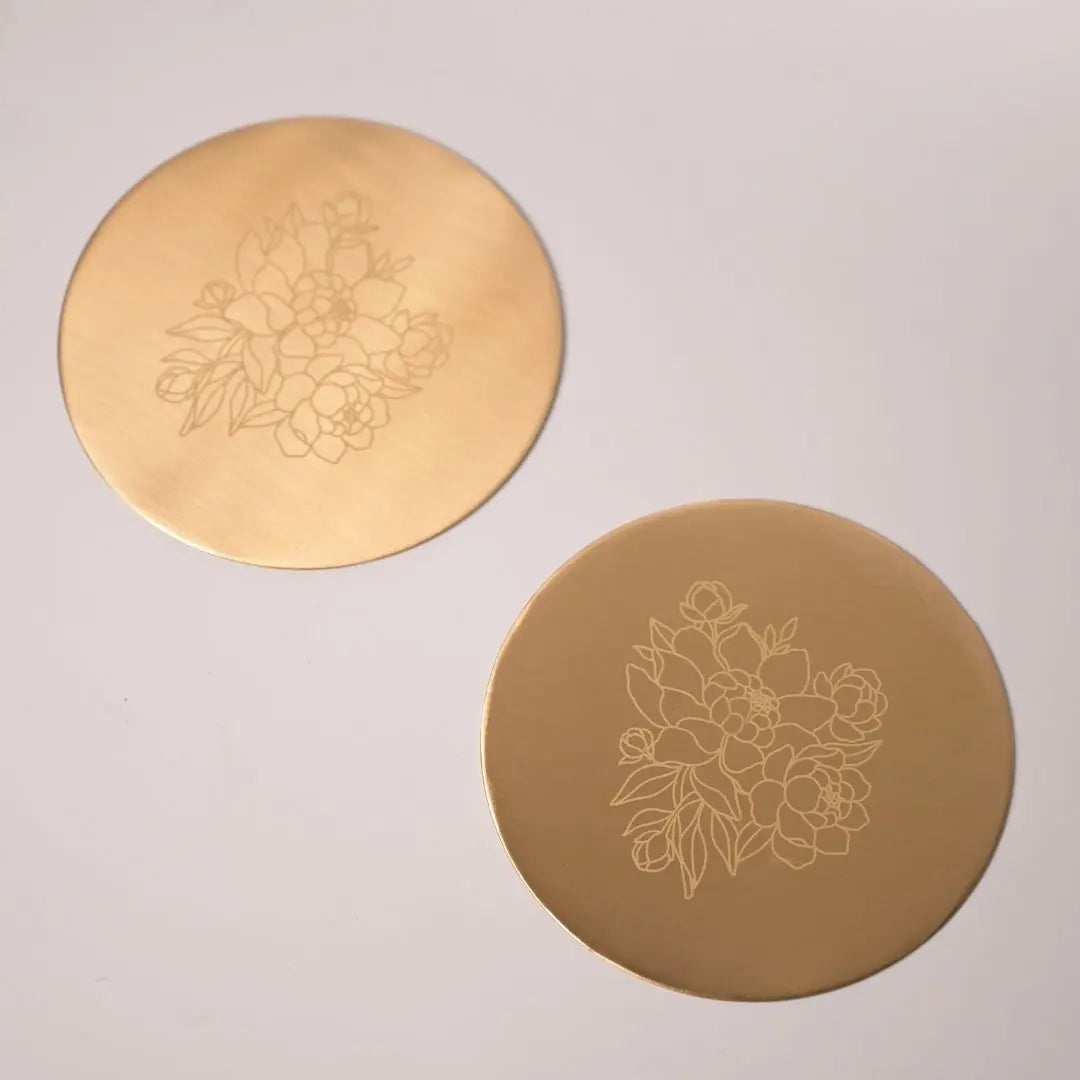 Pure Brass Coasters – Laser-Etched Peony Flower Design (Set of 4) | Luxury Drink Coasters for Home, Dining & Gifting The confetti tree