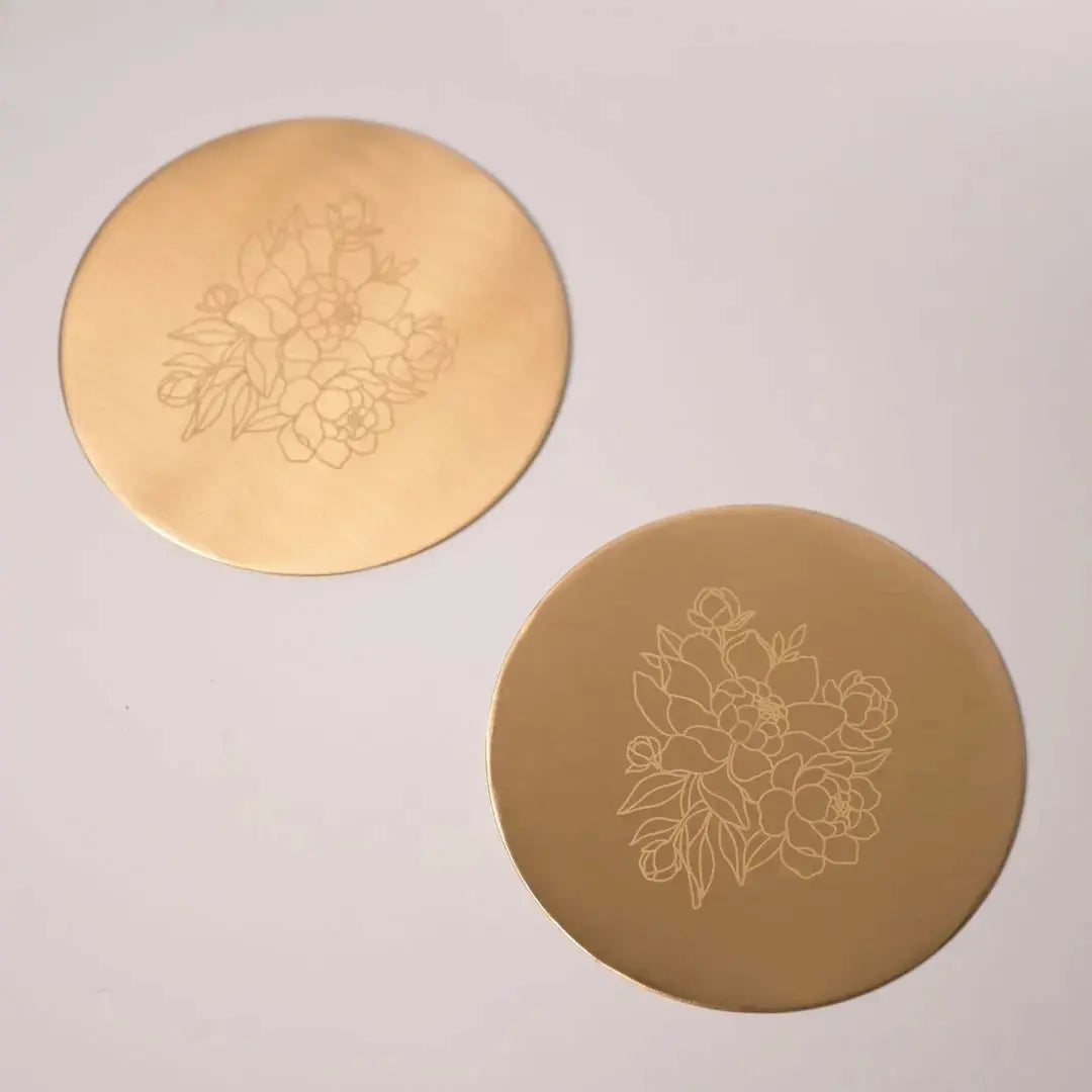 Pure Brass Coasters – Laser-Etched Peony Flower Design (Set of 4) | Luxury Drink Coasters for Home, Dining & Gifting The confetti tree