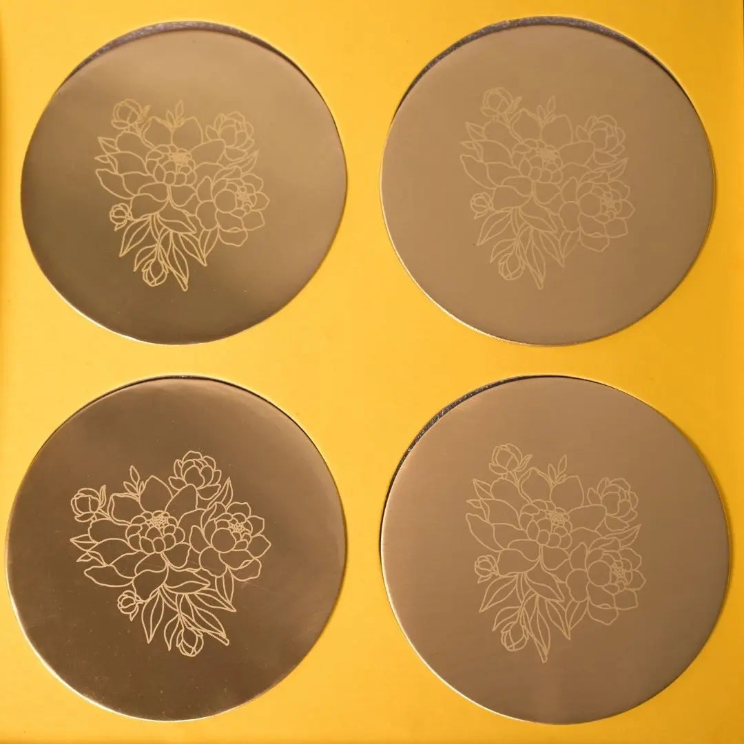 Pure Brass Coasters – Laser-Etched Peony Flower Design (Set of 4) | Luxury Drink Coasters for Home, Dining & Gifting The confetti tree