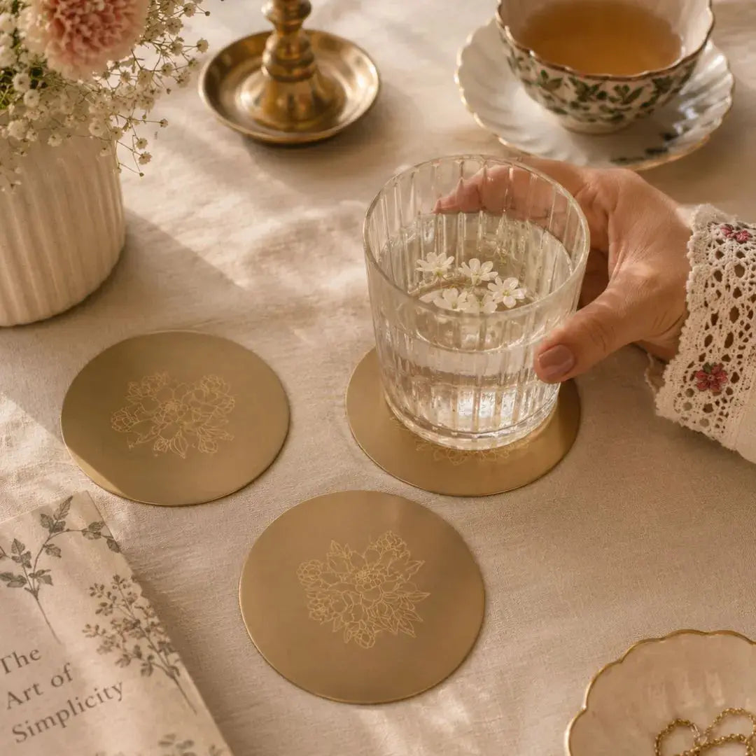 Pure Brass Coasters – Laser-Etched Peony Flower Design (Set of 4) | Luxury Drink Coasters for Home, Dining & Gifting The confetti tree