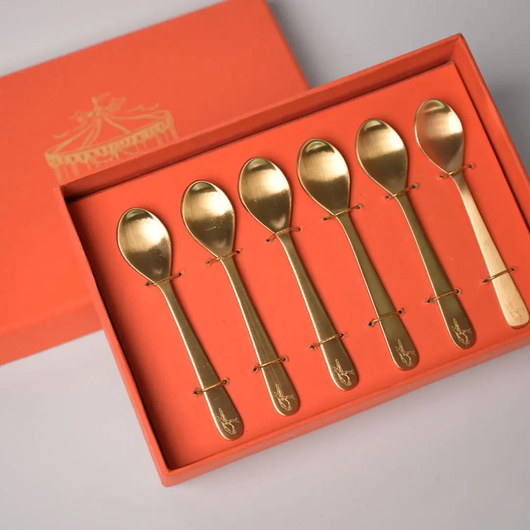 Pure Brass Dessert Spoons – Handcrafted Set of 6 with Engraved Bird Motif | Luxury Cutlery for Desserts, Tea & Gifting The confetti tree