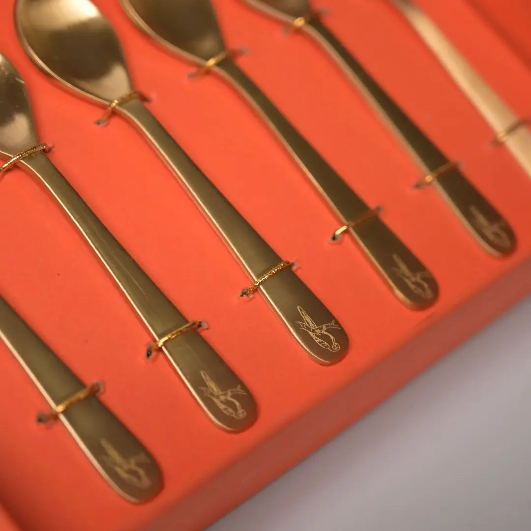 Pure Brass Dessert Spoons – Handcrafted Set of 6 with Engraved Bird Motif | Luxury Cutlery for Desserts, Tea & Gifting The confetti tree