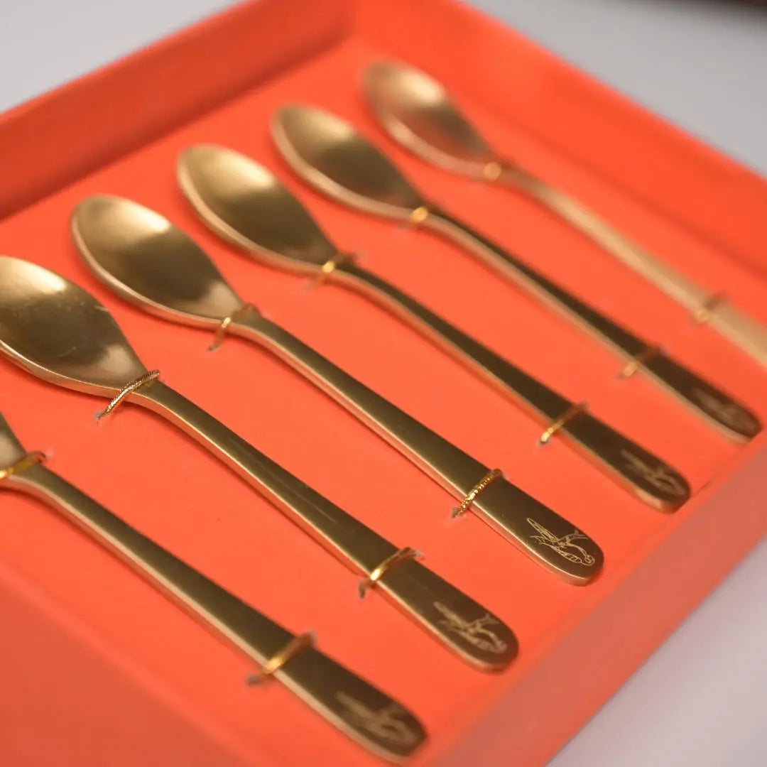 Pure Brass Dessert Spoons – Handcrafted Set of 6 with Engraved Bird Motif | Luxury Cutlery for Desserts, Tea & Gifting The confetti tree