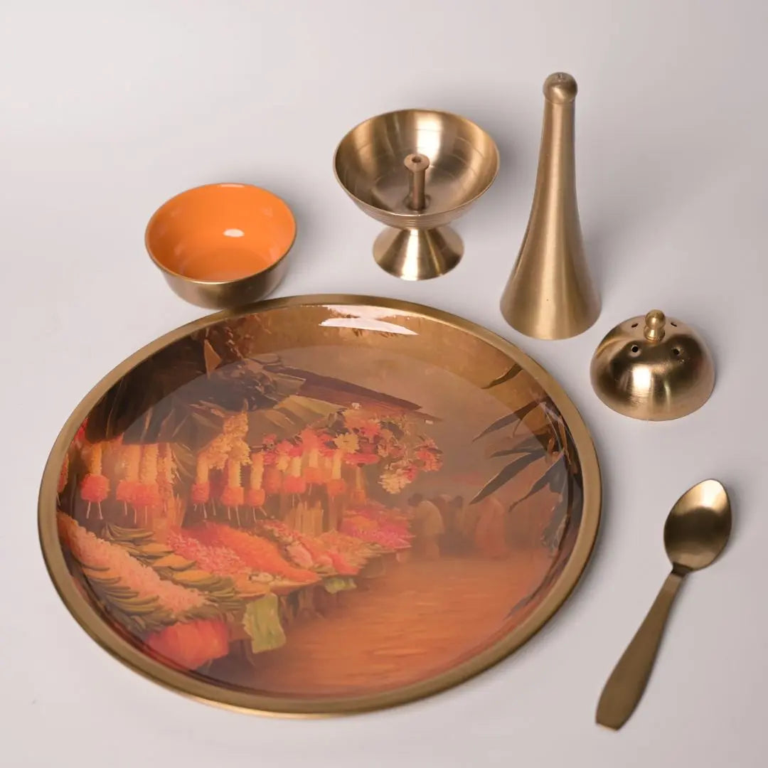 Pure Brass Puja Thali Set – Flower Market Print | Traditional Pooja Thali for Aarti, Festivals, Rituals & Gifting The confetti tree