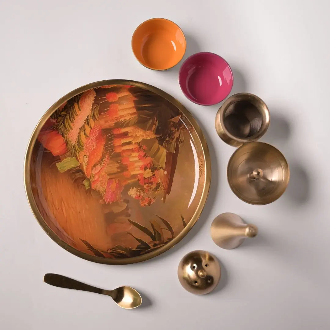 Pure Brass Puja Thali Set – Flower Market Print | Traditional Pooja Thali for Aarti, Festivals, Rituals & Gifting The confetti tree