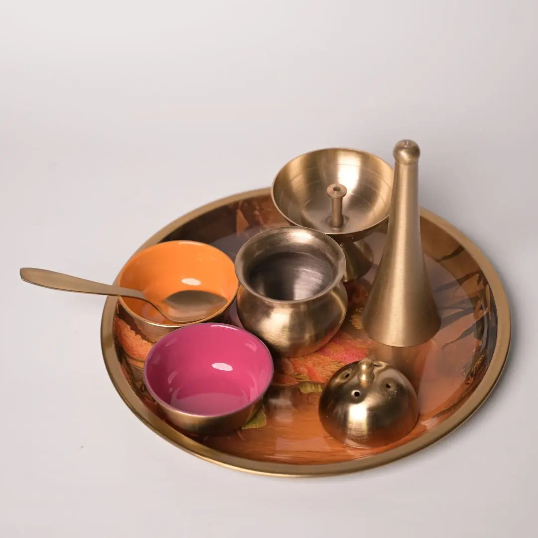 Pure Brass Puja Thali Set – Flower Market Print | Traditional Pooja Thali for Aarti, Festivals, Rituals & Gifting The confetti tree
