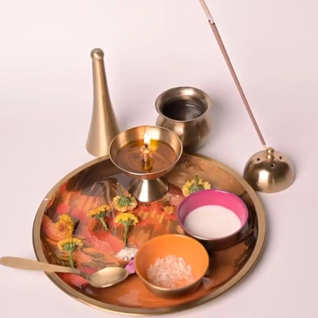 Pure Brass Puja Thali Set – Flower Market Print | Traditional Pooja Thali for Aarti, Festivals, Rituals & Gifting The confetti tree