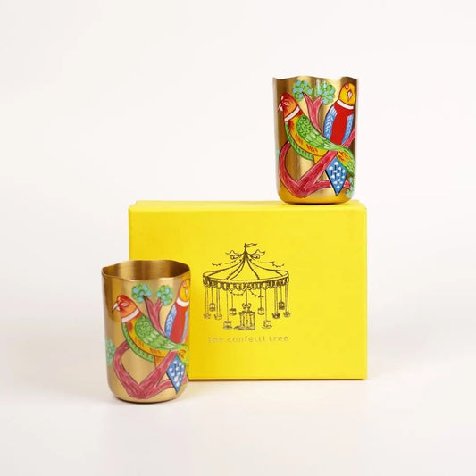 Pure Brass Tumblers Gift Set of 2 – Handpainted Bird Design | Luxury Drinkware for Gifting The confetti tree