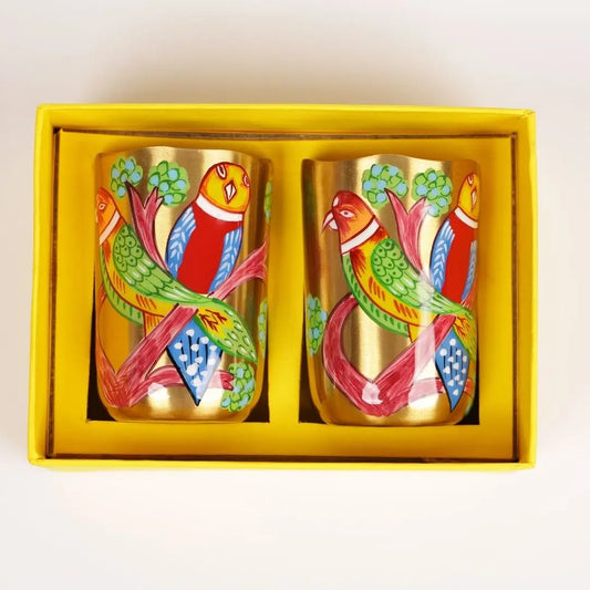 Pure Brass Tumblers Gift Set of 2 – Handpainted Bird Design | Luxury Drinkware for Gifting The confetti tree