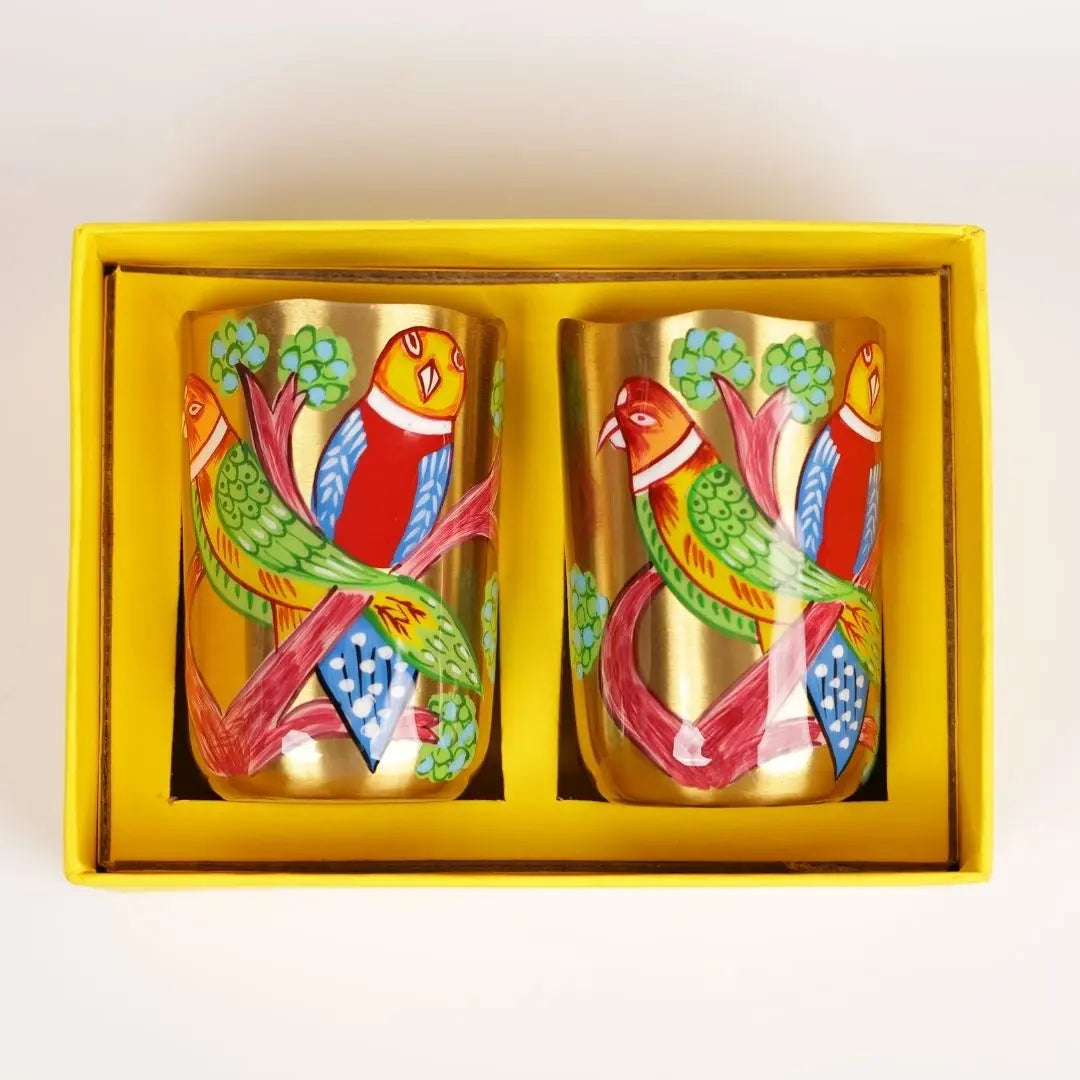 Pure Brass Tumblers Gift Set of 2 – Handpainted Bird Design | Luxury Drinkware for Gifting The confetti tree