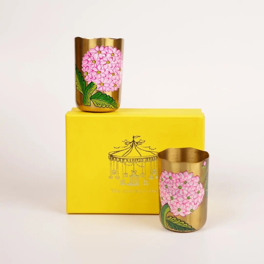 Pure Brass Tumblers Gift Set of 2 – Handpainted Floral Design | Luxury Drinkware for Gifting The confetti tree