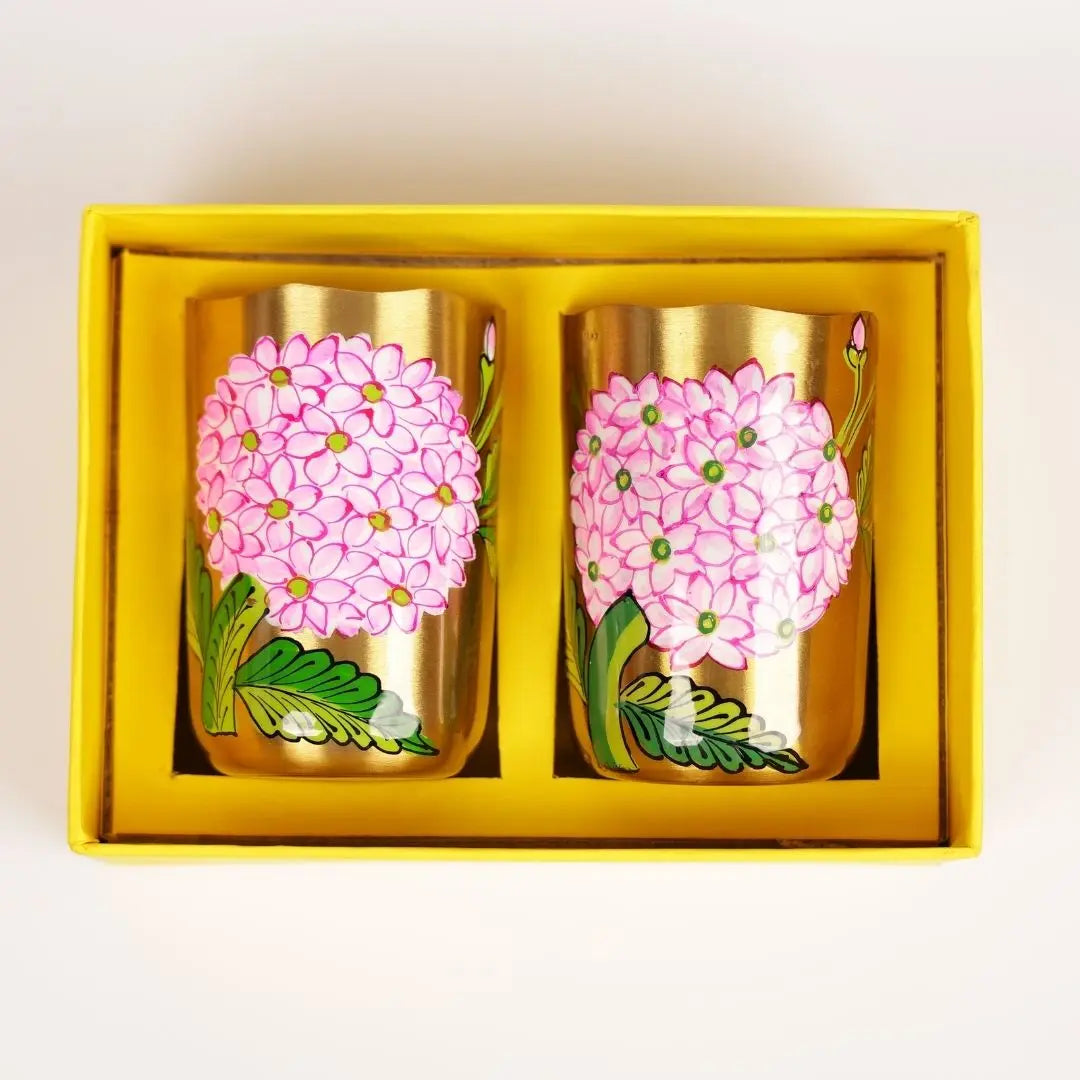 Pure Brass Tumblers Gift Set of 2 – Handpainted Floral Design | Luxury Drinkware for Gifting The confetti tree