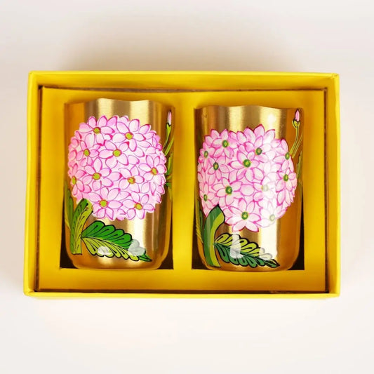 Pure Brass Tumblers Gift Set of 2 – Handpainted Floral Design | Luxury Drinkware for Gifting The confetti tree