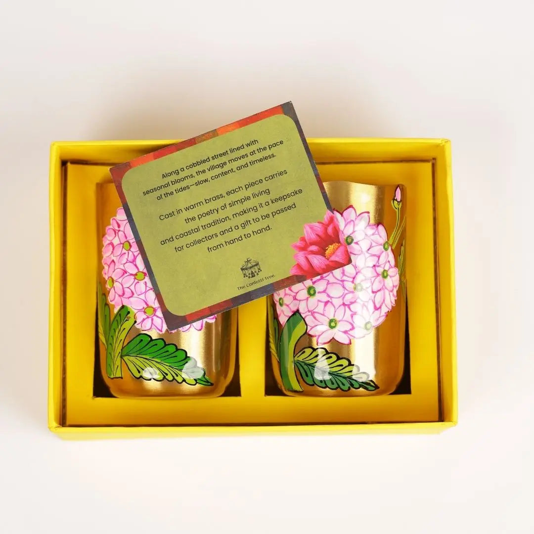 Pure Brass Tumblers Gift Set of 2 – Handpainted Floral Design | Luxury Drinkware for Gifting The confetti tree