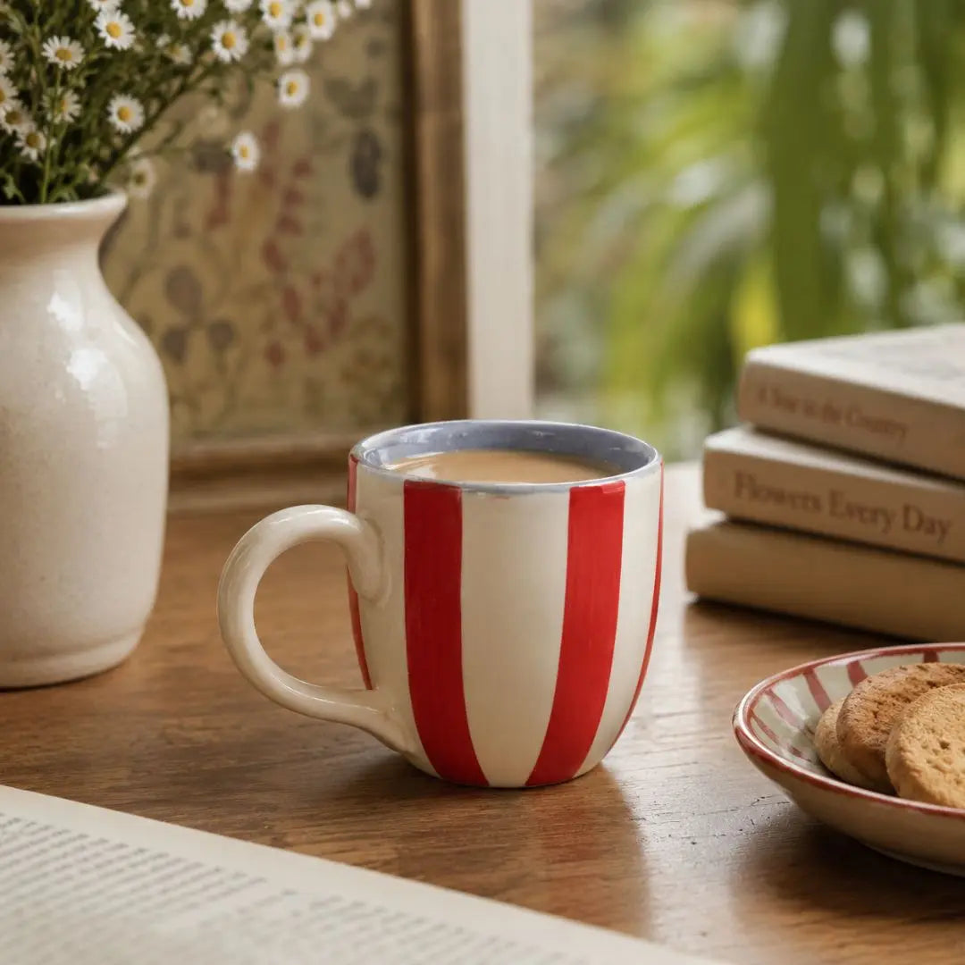 Set of 2 Red & Ivory Striped Stoneware Coffee Mugs | Handmade Ceramic Tea Cups | Microwave & Dishwasher Safe | 180 ml The confetti tree