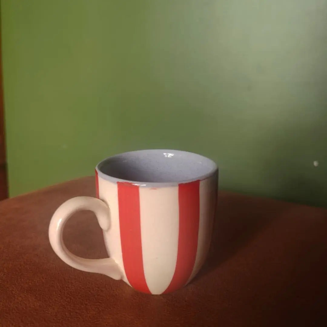Set of 2 Red & Ivory Striped Stoneware Coffee Mugs | Handmade Ceramic Tea Cups | Microwave & Dishwasher Safe | 180 ml The confetti tree