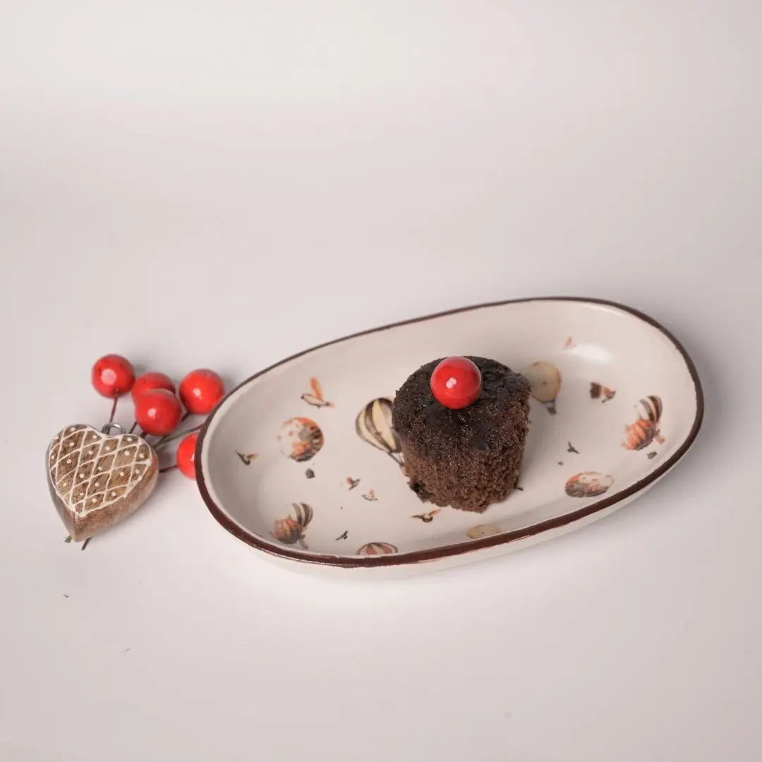 Stoneware Oval Tray with Hot Air Balloon Print & Brass Tong – Whimsical Serveware Set for Snacks, Cookies & Festive Gifting The confetti tree