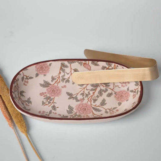 Stoneware Oval Tray with Peony Print & Brass Tong Set – Handcrafted Serveware for Snacks, Cookies & Festive Gifting The confetti tree