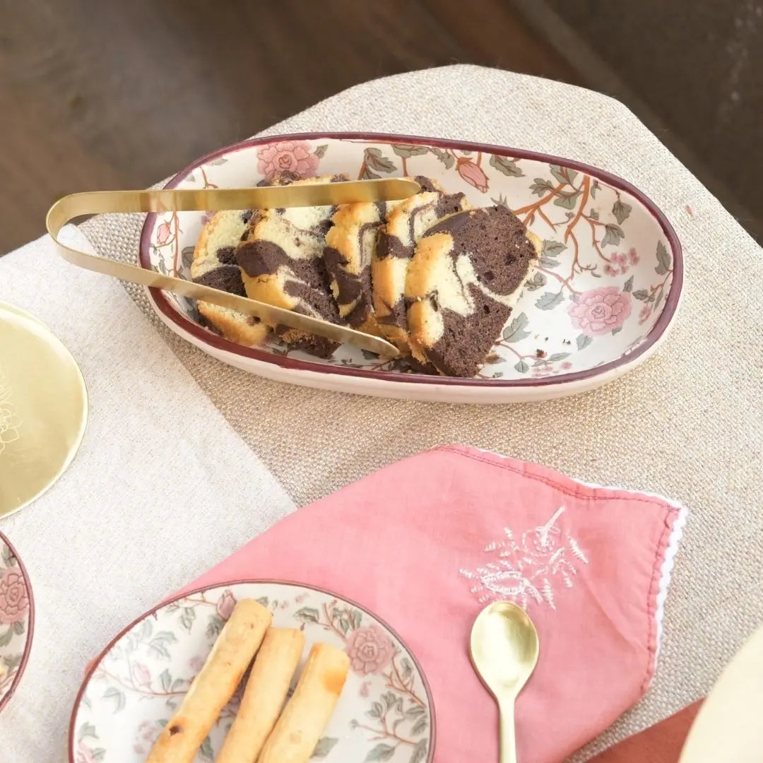 Stoneware Oval Tray with Peony Print & Brass Tong Set – Handcrafted Serveware for Snacks, Cookies & Festive Gifting The confetti tree