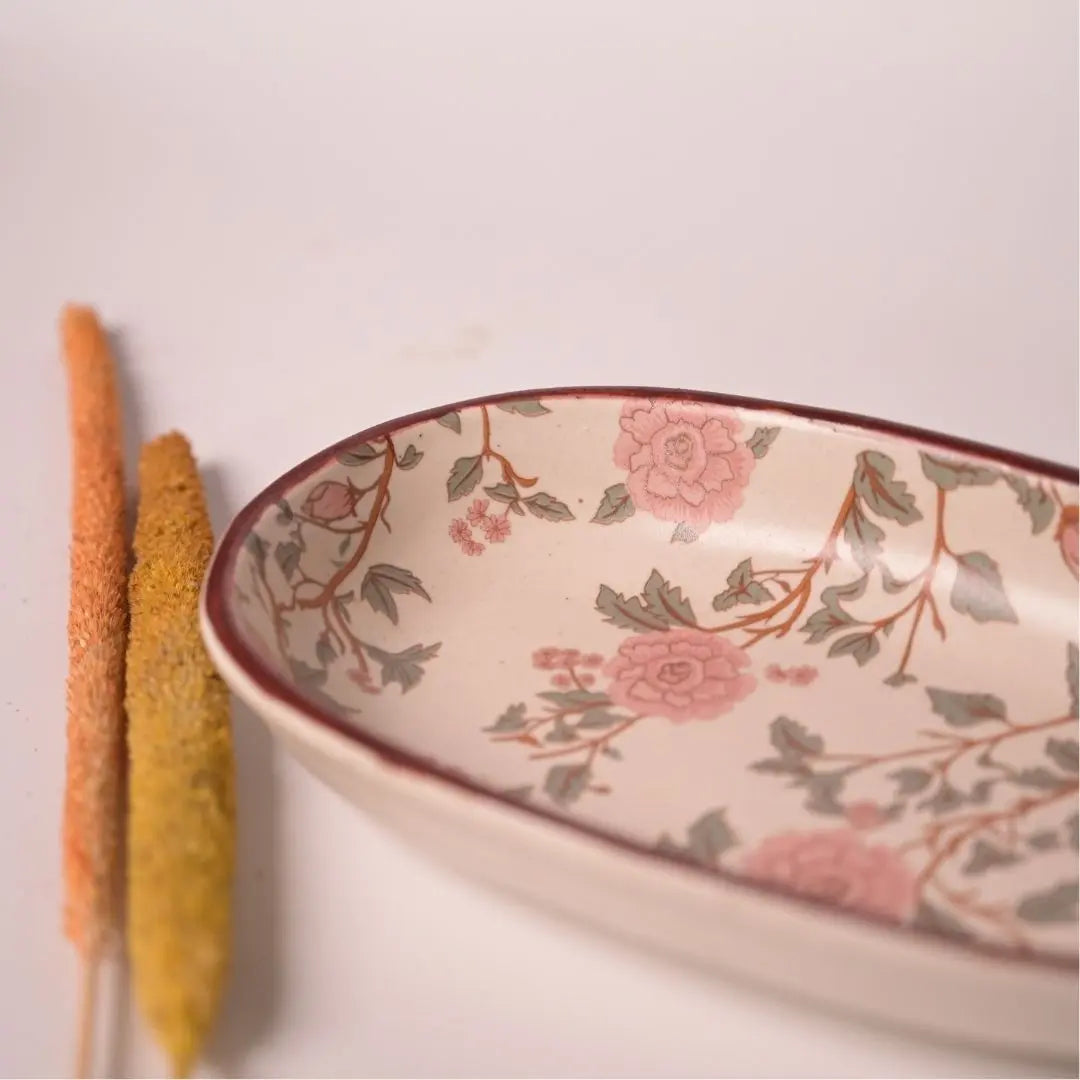 Stoneware Oval Tray with Peony Print & Brass Tong Set – Handcrafted Serveware for Snacks, Cookies & Festive Gifting The confetti tree
