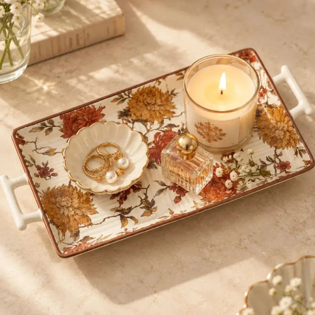 Summer Orchard Floral Ceramic Serving Tray with Handles | Vintage Botanical Rectangular Tray for Serving & Home Décor The confetti tree