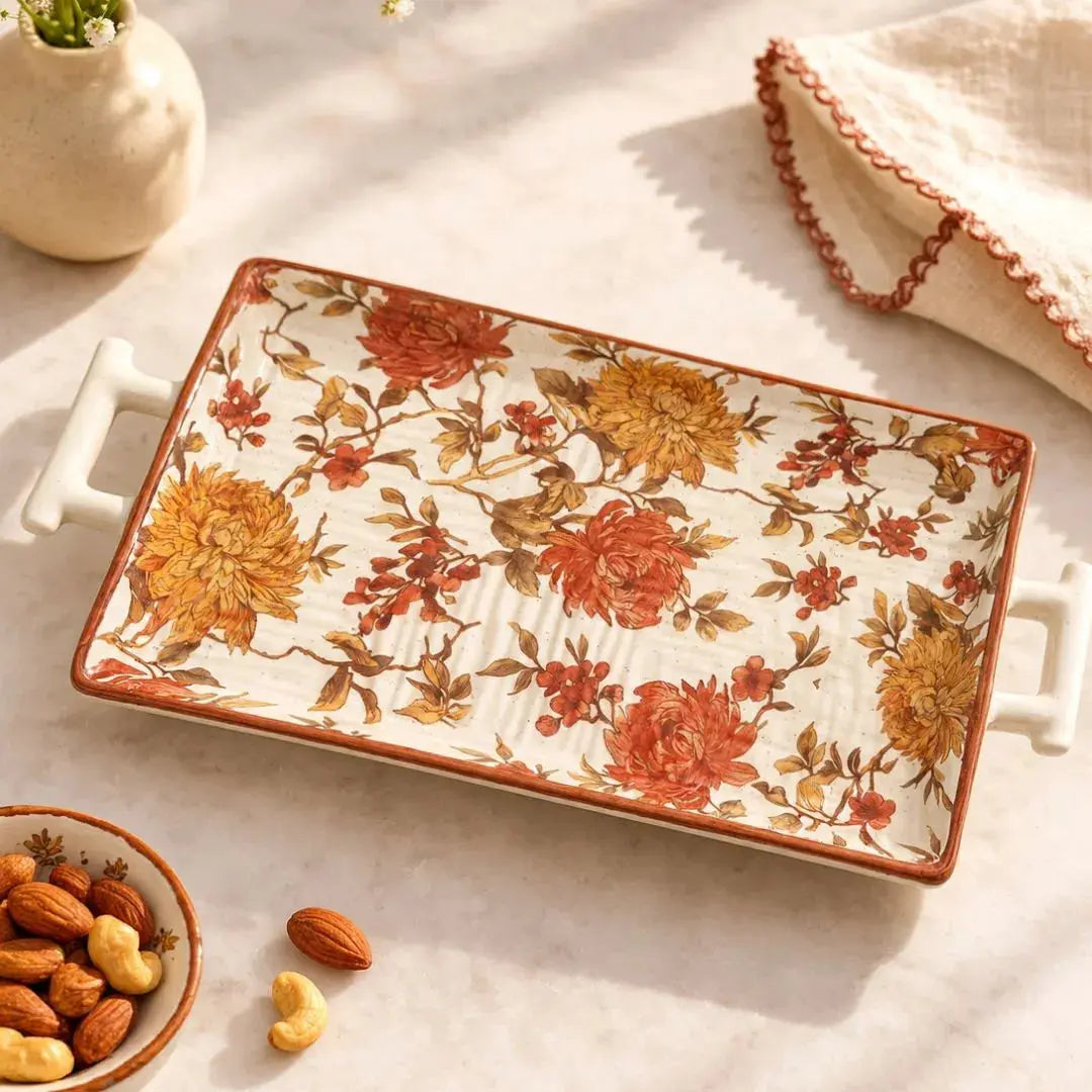 Summer Orchard Floral Ceramic Serving Tray with Handles | Vintage Botanical Rectangular Tray for Serving & Home Décor The confetti tree