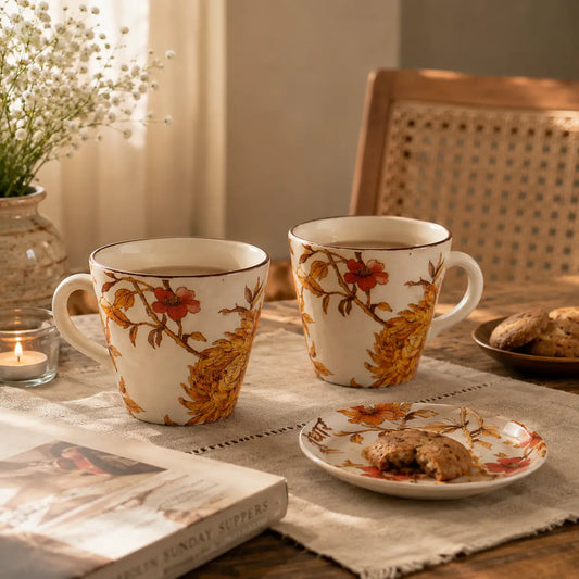 Summer Orchard Small Conical Tea Cup Set of 2 | Floral Ceramic Teacup for Tea & Coffee | Vintage Botanical Cup The Confetti Tree