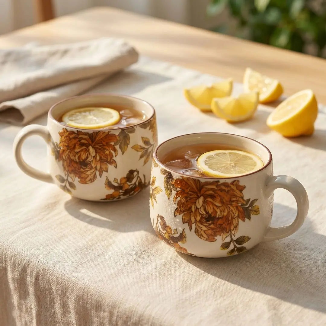 Summer Orchard Stoneware Cappuccino Mug Set of 2 | Floral Ceramic Coffee Mugs with Glossy Finish | Handcrafted Tea & Coffee Cups The confetti tree