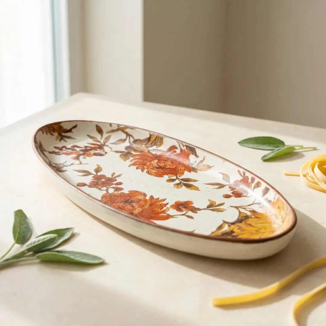 Summer Orchard Stoneware Oval Serving Tray | Floral Ceramic Platter for Appetizers, Snacks & Desserts | Handcrafted Tableware The confetti tree