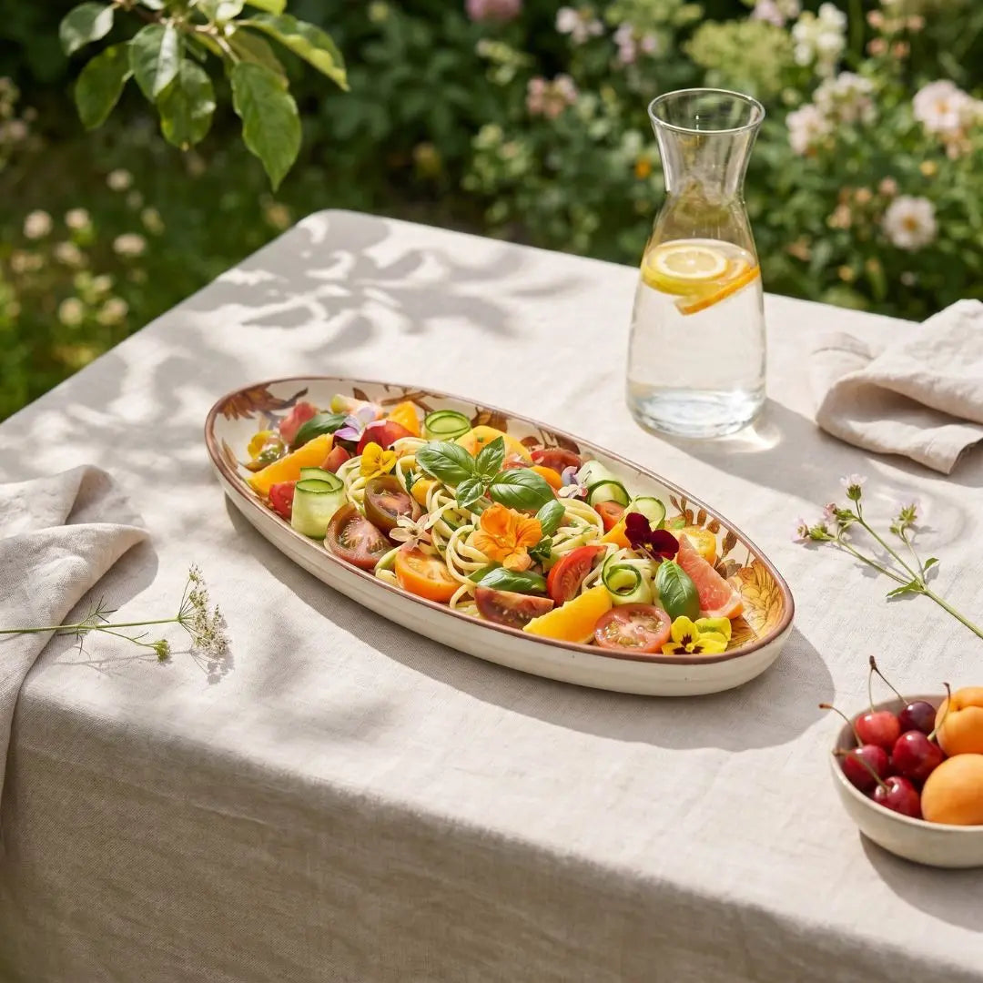 Summer Orchard Stoneware Oval Serving Tray | Floral Ceramic Platter for Appetizers, Snacks & Desserts | Handcrafted Tableware The confetti tree