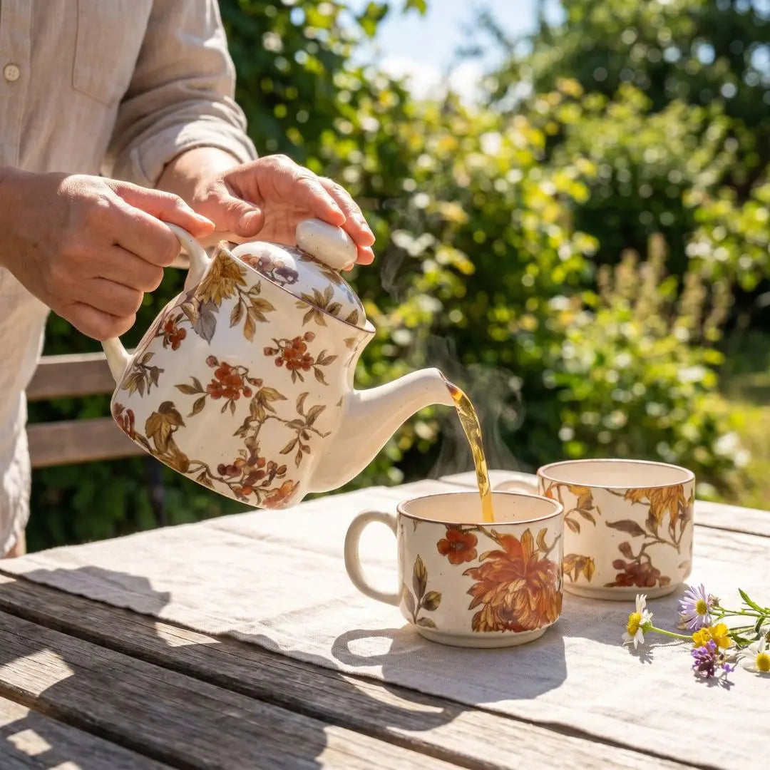 Summer Orchard Stoneware Tea Kettle | Floral Ceramic Teapot with Lid | Handcrafted Tea Server for Elegant Tea Time The confetti tree