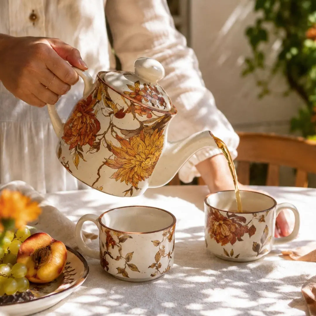Summer Orchard Stoneware Tea Set | Floral Ceramic Teapot with 2 Coffee & Tea Cups | Handcrafted Tea Serving Set The confetti tree