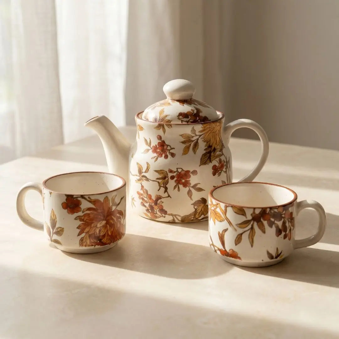 Summer Orchard Stoneware Tea Set | Floral Ceramic Teapot with 2 Coffee & Tea Cups | Handcrafted Tea Serving Set The confetti tree
