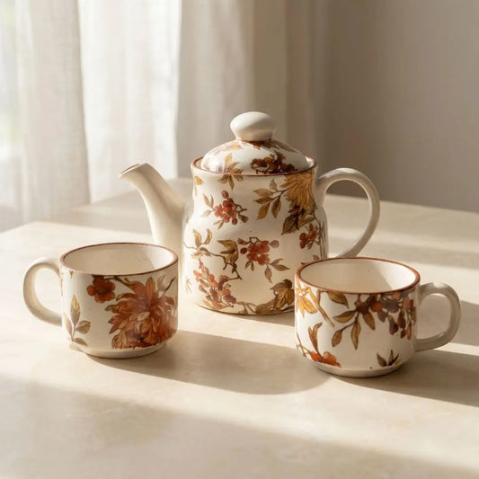 Summer Orchard Stoneware Tea Set | Floral Ceramic Teapot with 2 Coffee & Tea Cups | Handcrafted Tea Serving Set The confetti tree