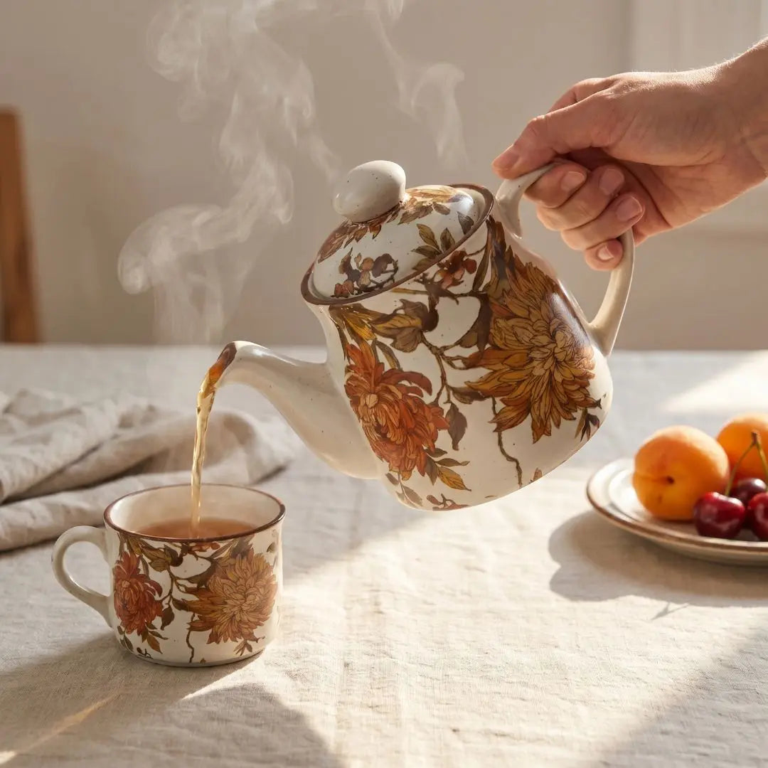 Summer Orchard Stoneware Tea Set | Floral Ceramic Teapot with 2 Coffee & Tea Cups | Handcrafted Tea Serving Set The confetti tree