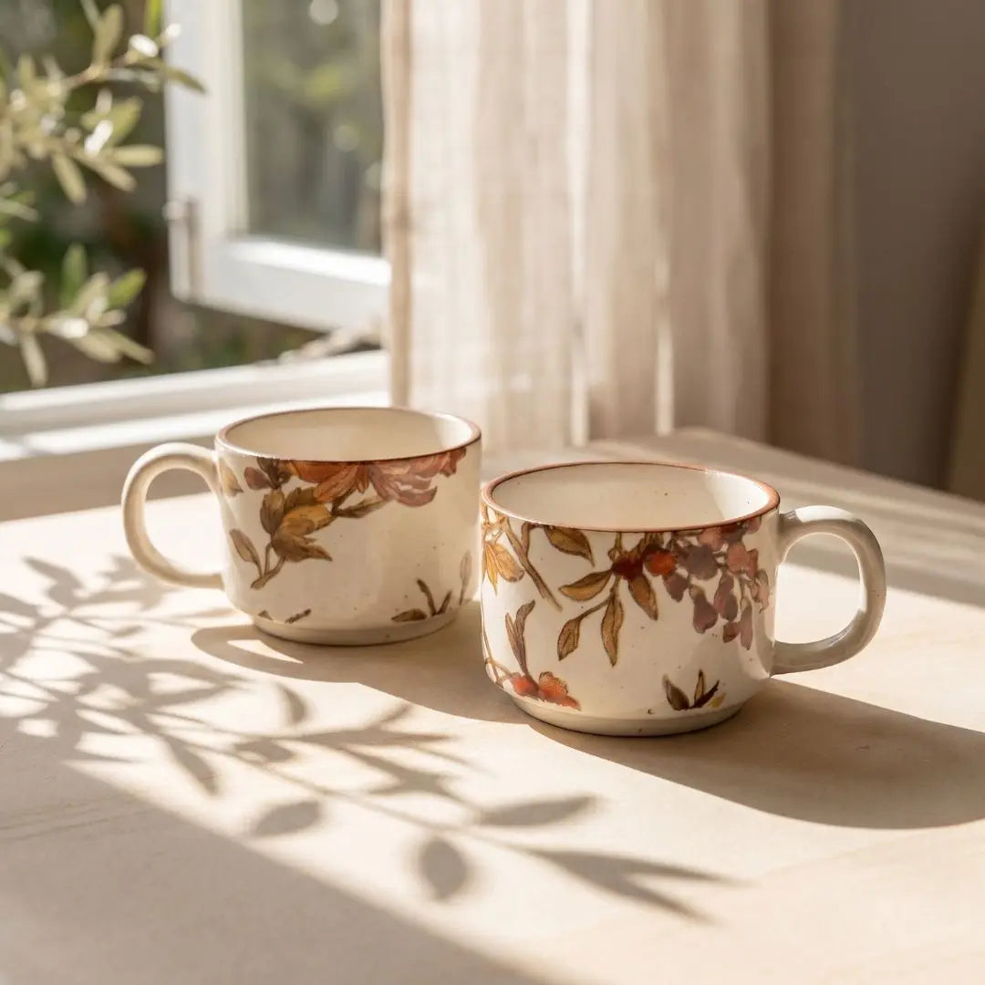 Summer Orchard Stoneware Tea & Coffee Cups Set of 2 | Floral Ceramic Mugs | Handcrafted Stoneware Drinkware The confetti tree