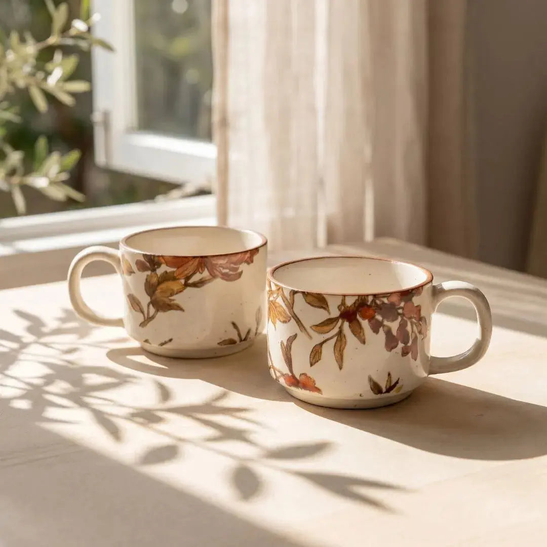 Summer Orchard Stoneware Tea & Coffee Cups Set of 2 | Floral Ceramic Mugs | Handcrafted Stoneware Drinkware The confetti tree