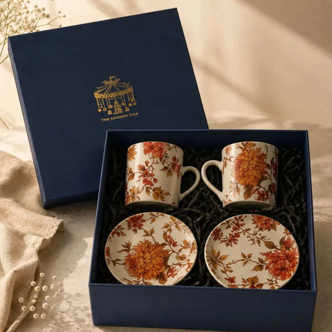 Summer Orchard Tea & Coffee Gift Set | 2 Floral Ceramic Mugs & 2 Matching Teaplates in Premium Gift Box The confetti Tree