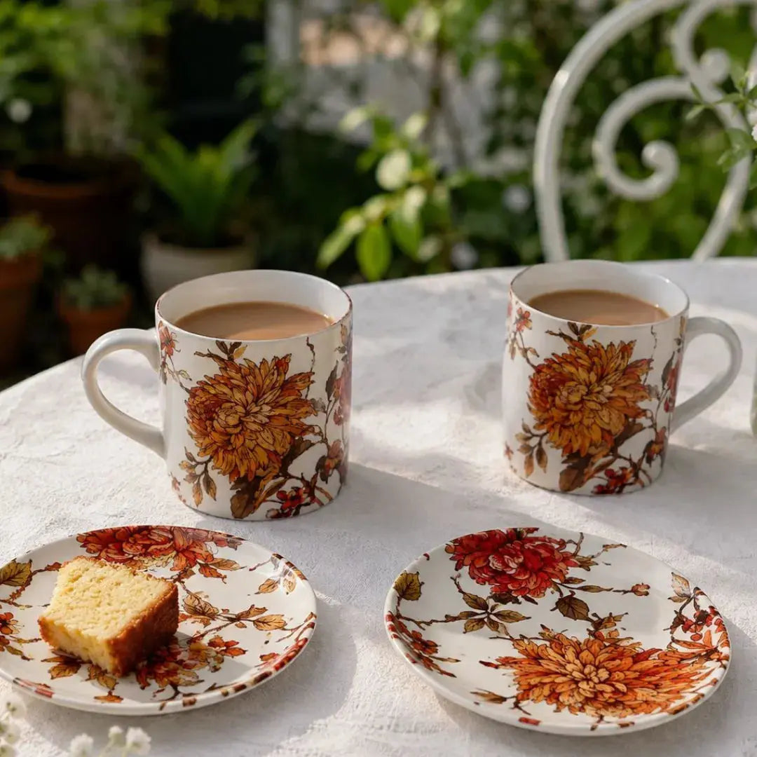 Summer Orchard Tea & Coffee Gift Set | 2 Floral Ceramic Mugs & 2 Matching Teaplates in Premium Gift Box The confetti Tree