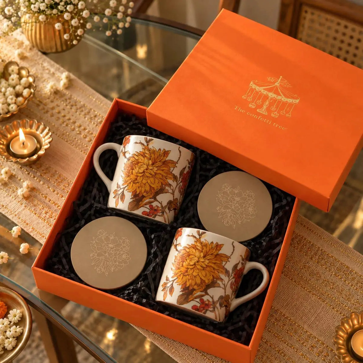 The Autumn Reverie Hamper – Diwali Gift Hamper with 2 Floral Ceramic Mugs & 2 Brass Coasters The confetti tree