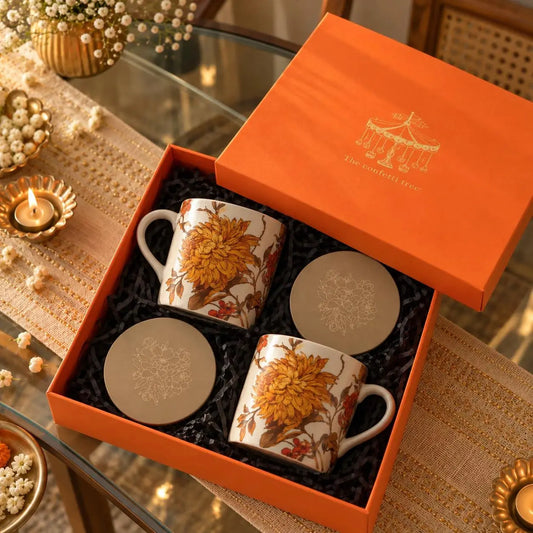 The Autumn Reverie Hamper – Diwali Gift Hamper with 2 Floral Ceramic Mugs & 2 Brass Coasters The confetti tree