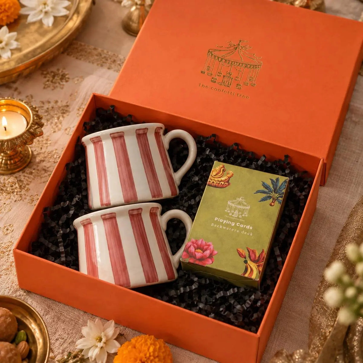 The Blushing Stripes Gift Box | Diwali Gift Hamper with 2 Pink Striped Ceramic Mugs & Playing Cards The confetti tree