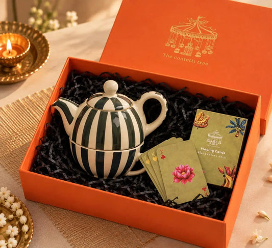 The Festive Whimsy Hamper | Striped Ceramic Teapot & Playing Cards Gift Set The confetti tree