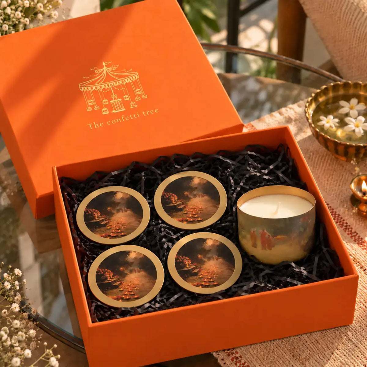 The Golden Diya Gift Box – Diwali Gift Hamper with Set of 4 Festive Coasters & Candle The confetti tree